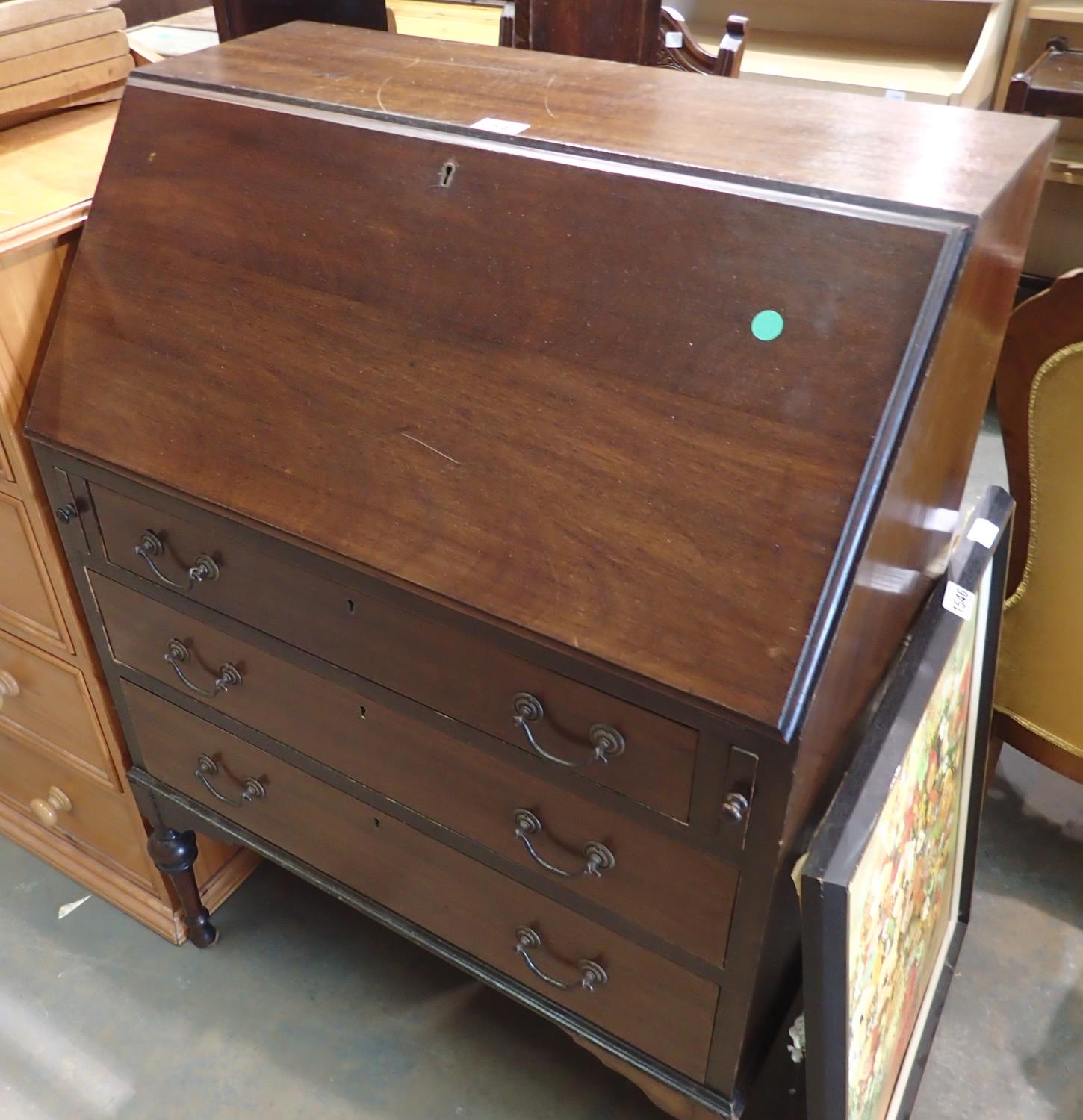 Mahogany bureau with fitted interior and three drawers. Not available for in-house P&P, contact Paul