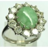 18ct white gold, jade and 2.2ct diamond cluster ring, size P, 9.0g. P&P Group 1 (£14+VAT for the