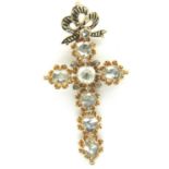 Early Victorian 15ct gold, black enamel and rose cut diamond cross (4 carat spread), L: 50 mm, 9.1g.