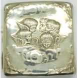 Hallmarked silver cigarette case with Cherub decoration, Birmingham assay, H: 11 cm, 130g. P&P Group