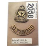 New Zealand WWII NZ Forces cap badge and shoulder title. P&P Group 1 (£14+VAT for the first lot