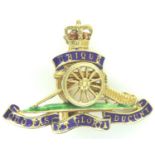 9ct gold enamelled Royal Artillery sweetheart brooch, Queens Crown, hallmarked Garrards, 3.9g. P&P