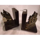 Pair of brass and stained wood ship bookends. Not available for in-house P&P, contact Paul O'Hea