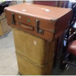 Wooden bound trunk, vintage leather suitcase and another. Not available for in-house P&P, contact