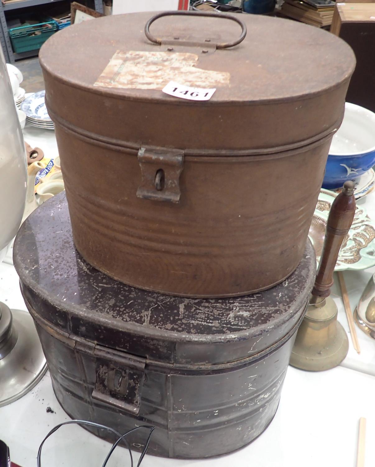 Two Victorian tin hat storage/ travelling boxes. Age related patina, locks work as they should.