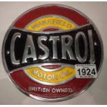 Cast iron Castrol circular wall plaque, 20 x 10 cm. P&P Group 2 (£18+VAT for the first lot and £3+