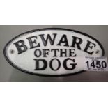 Cast iron Beware of The Dog sign, L: 17 cm. P&P Group 1 (£14+VAT for the first lot and £1+VAT for