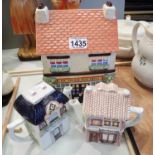 Large novelty ceramic biscuit barrel and two similar tea pots. Not available for in-house P&P,