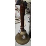 Large brass school hand bell, lacking clapper. Not available for in-house P&P, contact Paul O'Hea at