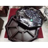 Octagonal Abalone inlaid sectional jewellery box, D: 30 cm. Not available for in-house P&P,