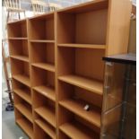 Three beech effect bookcases, H: 200 cm. Not available for in-house P&P, contact Paul O'Hea at