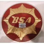 Cast iron BSA red sign. P&P Group 2 (£18+VAT for the first lot and £3+VAT for subsequent lots)