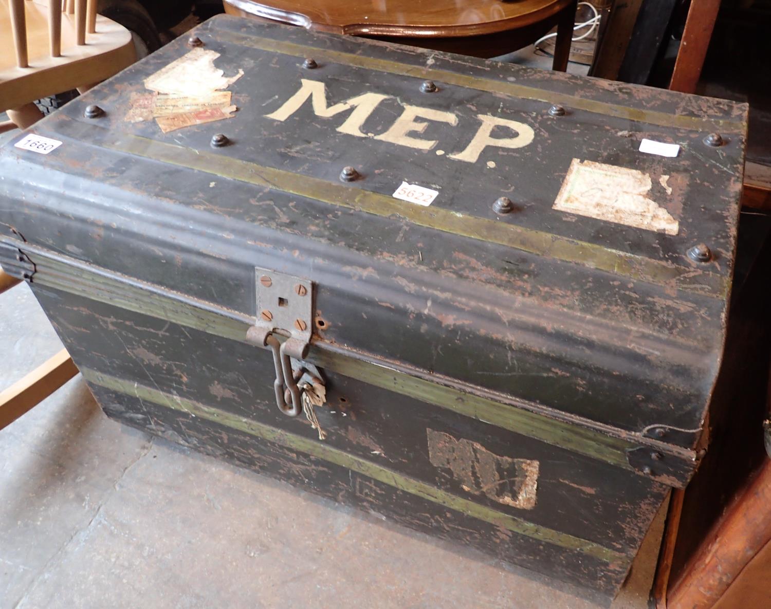 Large metal luggage trunk with some railway labels. Not available for in-house P&P, contact Paul O'
