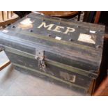 Large metal luggage trunk with some railway labels. Not available for in-house P&P, contact Paul O'