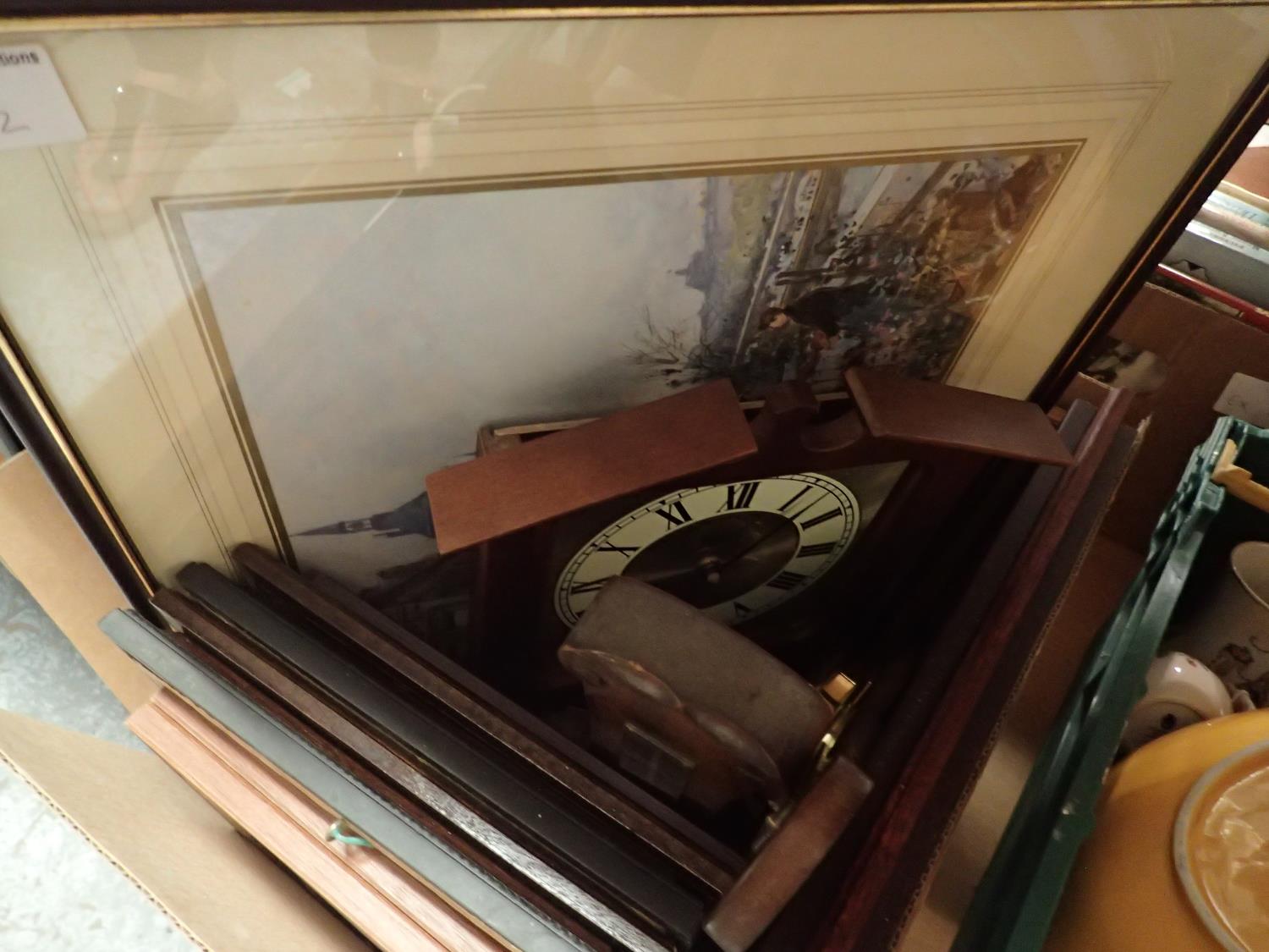 A mixed box of prints, barometers etc. Not available for in-house P&P, contact Paul O'Hea at