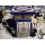 Large blue and white glazed elephant garden stool, large crack to foot. Not available for in-house