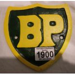 BP cast iron plaque. P&P Group 2 (£18+VAT for the first lot and £3+VAT for subsequent lots)