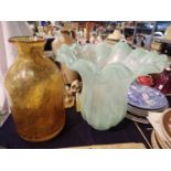 Large hand blown controlled bubble amber bottle vase and a large Murano pale green flared neck vase,