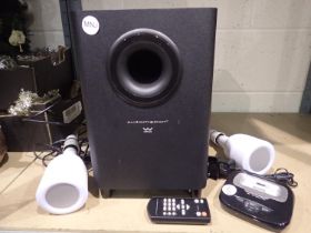 Wireless stereo system, two stereo lightbulb speakers, wireless subwoofer, ipod docking station