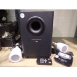 Wireless stereo system, two stereo lightbulb speakers, wireless subwoofer, ipod docking station