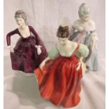 Two Royal Doulton figurines: Southern Bellow and Fair Lady, and a Coalport Diana. No cracks, chips