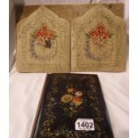 Antique embroidered desk tidy and papier mache desk folder. P&P Group 1 (£14+VAT for the first lot