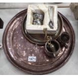 Two large copper platters and some silver plated items. Not available for in-house P&P, contact Paul