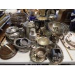 Large quantity of silver plate including a teapot, trays etc. Not available for in-house P&P,