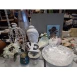 Large collection of decorative homeware including white metal dish and vase. Not available for in-