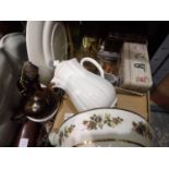 Box of mixed items including glassware, ceramics, a part coffee set etc. Not available for in-