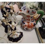 Two ceramic figures and an Ironstone jug. Not available for in-house P&P, contact Paul O'Hea at