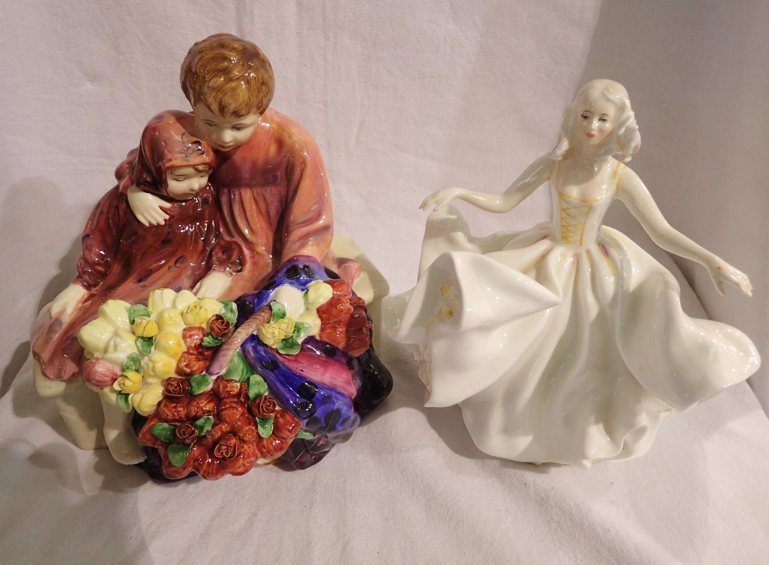 Royal Doulton Flower Seller and Sweet Seventeen figurines, both with damages. Not available for in-