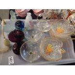 Collection of mixed glassware including a Mdina glass perfume bottle. Not available for in-house P&