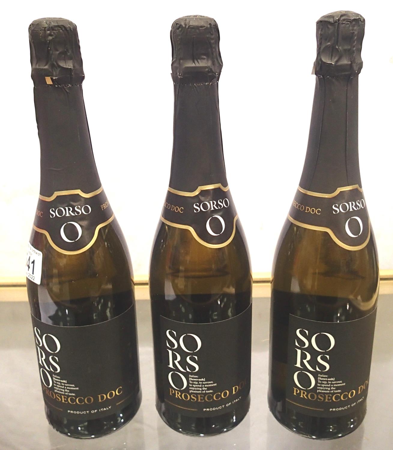 Three bottles of Sorso Prosecco. P&P Group 3 (£25+VAT for the first lot and £5+VAT for subsequent