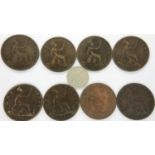 Eight one penny coins and a silver sixpence. P&P Group 1 (£14+VAT for the first lot and £1+VAT for