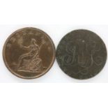 Two early milled coins: halfpenny and Parys token. P&P Group 1 (£14+VAT for the first lot and £1+VAT