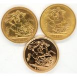 Three full sovereigns displaying The Three Heads of Elizabeth II, comprising 1968, 1988 and