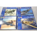 Four 1/72 scale Revell Aircraft kits comprising, FW 190F, Hurricane BF109, Spitfire. Appear