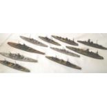 Ten cast metal warships, various types, approximately L: 15-20 cm. Some parts missing, some painted.