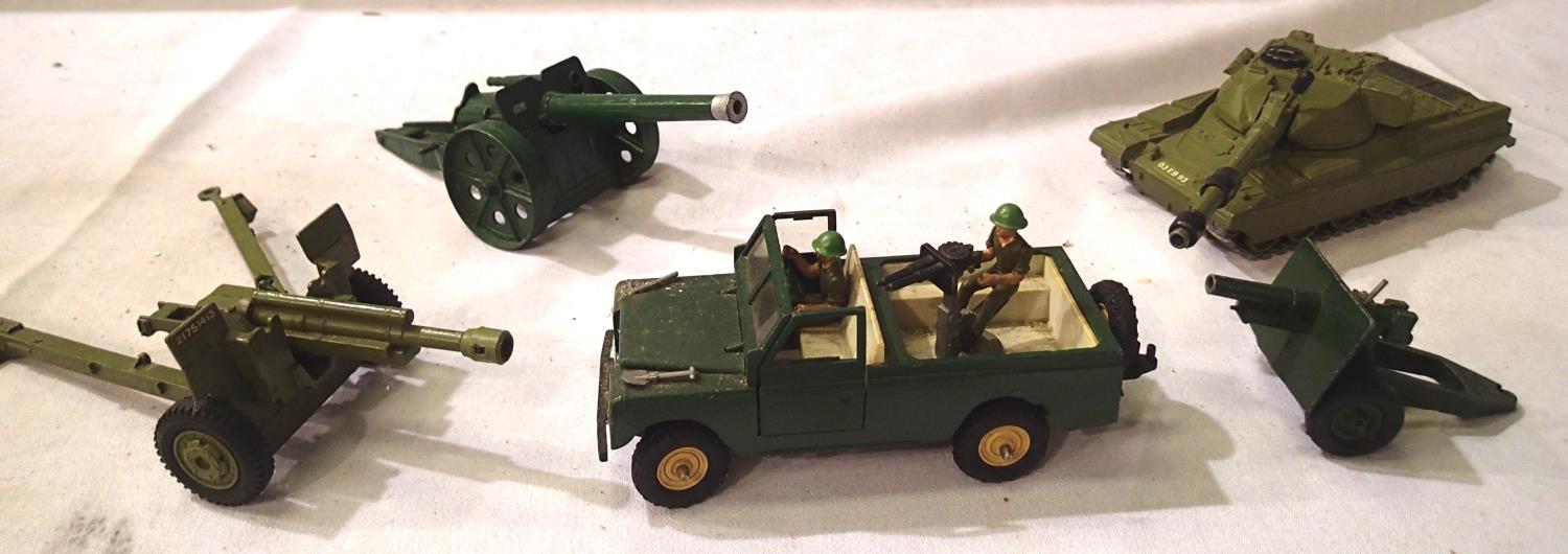 Dinky/ Britains military vehicles, including Land Rover, Cheiften Tank, guns. In mostly good