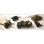 Dinky/ Britains military vehicles, including Land Rover, Cheiften Tank, guns. In mostly good