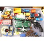 Selection of play worn Dinky, Corgi, Budgie matchbox, vehicles etc. Plus built plastic kits,