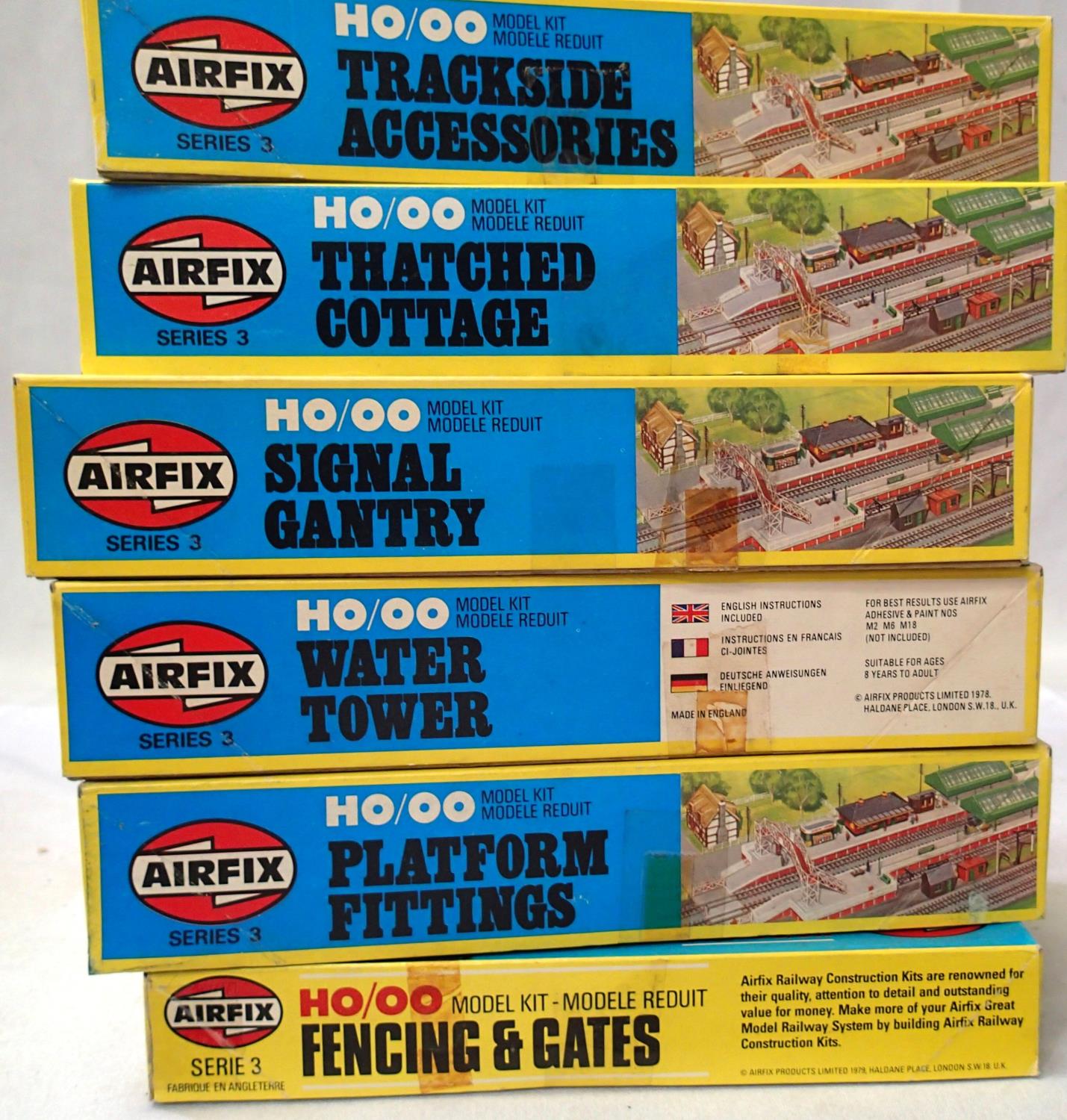 Six boxed Airfix OO scale railway related kits, accessories, cottage, signal gantry, water tower,
