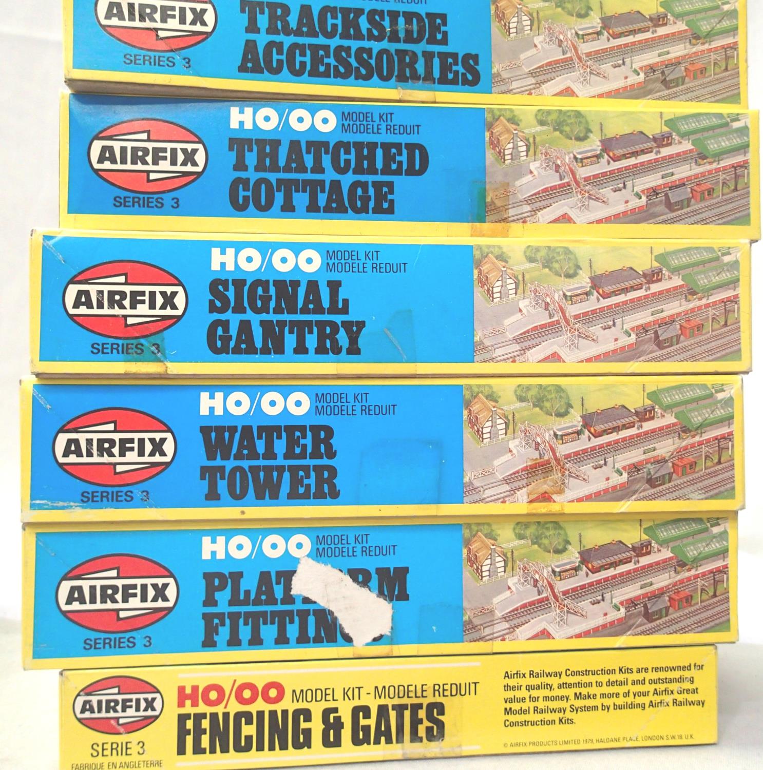 Six boxed Airfix OO scale railway related kits, accessories, cottage, signal gantry, water tower,