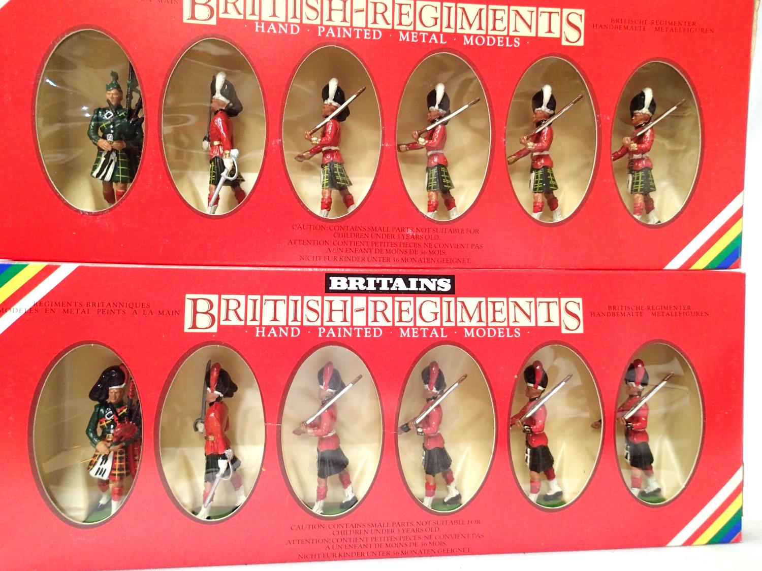 Three Britains, six figure regimental sets, 7237 - 2x black watch office piper and five men.