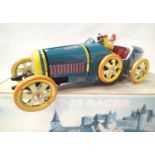 Tinplate clockwork Bugatti T-35 racer, L: 18 cm. In excellent condition, with key and fading to box.
