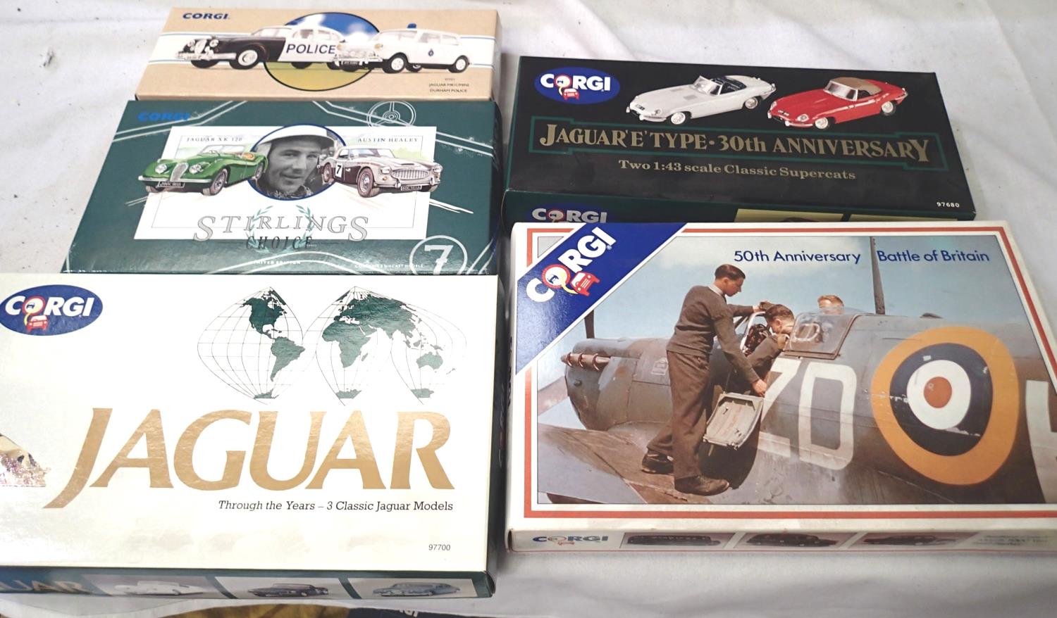 Five Corgi classic 2 and 3 vehicle sets including Battle of Britain, Police, E type Jaguars,