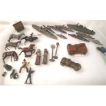 Selection of vintage cast metal ships, vehicles, horses, figures etc. In fair to good condition,