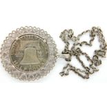 Silver American half dollar pendant necklace, L: 46 cm, 23g. P&P Group 1 (£14+VAT for the first