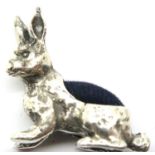 Silver rabbit pin cushion, L: 40 mm. P&P Group 1 (£14+VAT for the first lot and £1+VAT for